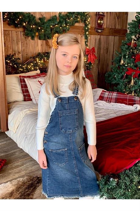 Kız Çocuk Kot Salopet Yarım Balıkçı Yaka Kazak Kot Şapka 4'lü Takım Beyaz 12 Yaş