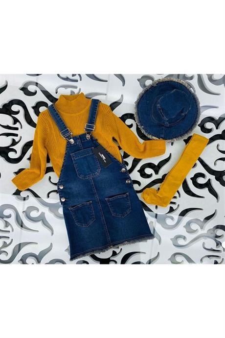 Kız Çocuk Kot Salopet Yarım Balıkçı Yaka Kazak 3'lü Takım Hardal 14 Yaş