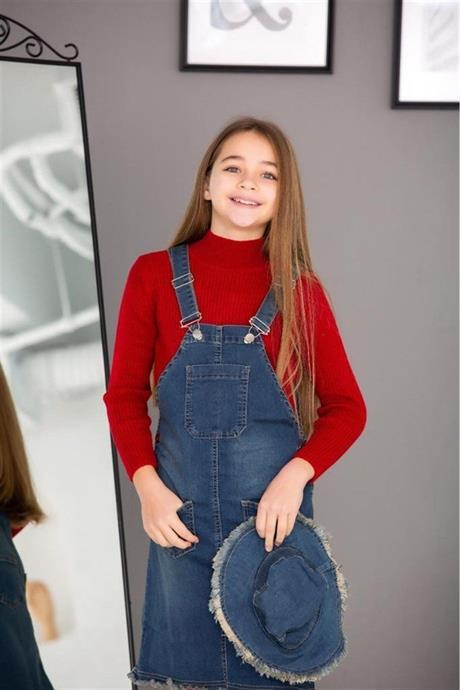 Kız Çocuk Kot Salopet Yarım Balıkçı Yaka Kazak Kot Şapka 4'lü Takım Kırmızı 6 Yaş