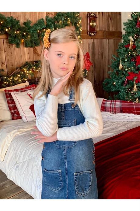 Kız Çocuk Kot Salopet Yarım Balıkçı Yaka Kazak Kot Şapka 4'lü Takım Beyaz 12 Yaş