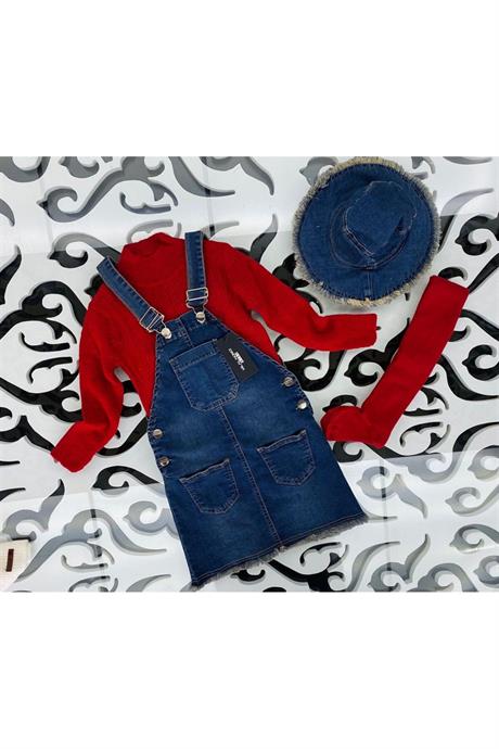 Kız Çocuk Kot Salopet Yarım Balıkçı Yaka Kazak 3'lü Takım Kırmızı 12 Yaş