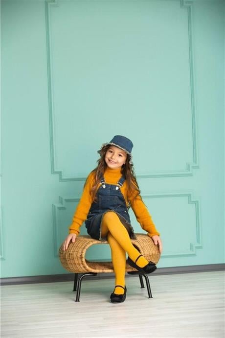 Kız Çocuk Kot Salopet Yarım Balıkçı Yaka Kazak Kot Şapka 4'lü Takım Hardal 6 Yaş