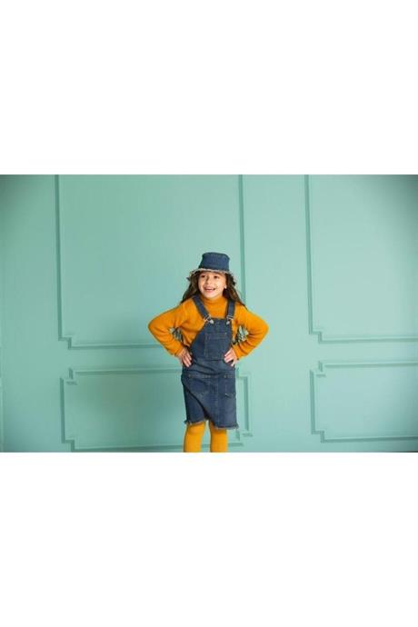 Kız Çocuk Kot Salopet Yarım Balıkçı Yaka Kazak 3'lü Takım Hardal 12 Yaş