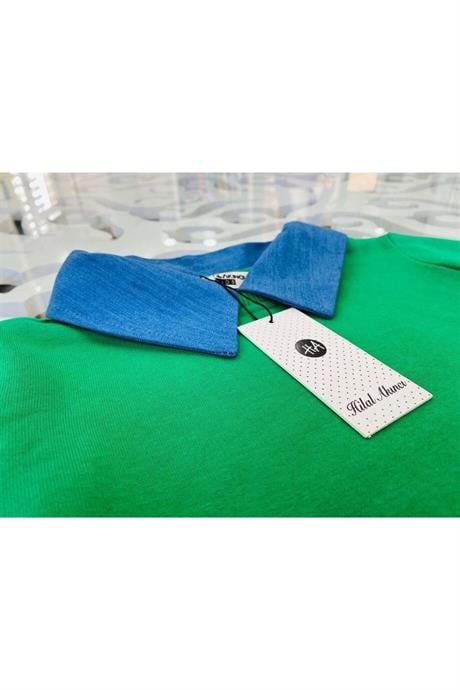 Kız Çocuk Kot Yakalı Şardonlu Sweatshirt Piliseli Kot Etek 2'li Takım Yeşil 12 Yaş