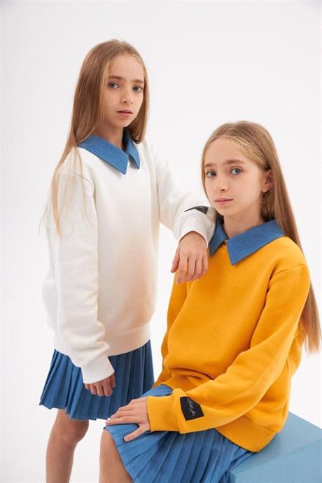 Kız Çocuk Kot Yakalı Şardonlu Sweatshirt Piliseli Kot Etek 2'li Takım Hardal 12 Yaş