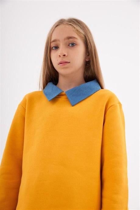 Kız Çocuk Kot Yakalı Şardonlu Sweatshirt Piliseli Kot Etek 2'li Takım Hardal 4 Yaş