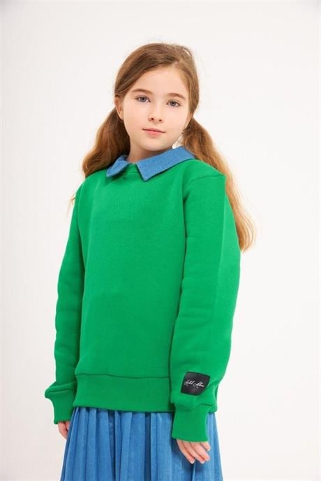Kız Çocuk Kot Yakalı Şardonlu Sweatshirt Piliseli Kot Etek 2'li Takım Yeşil 6 Yaş