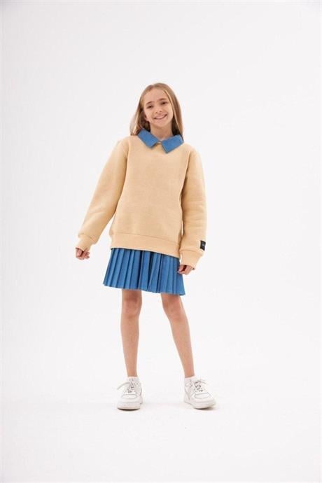 Kız Çocuk Kot Yakalı Şardonlu Sweatshirt Piliseli Kot Etek 2'li Takım Krem 12 Yaş