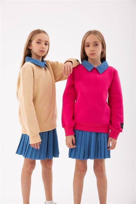 Kız Çocuk Kot Yakalı Şardonlu Sweatshirt Piliseli Kot Etek 2'li Takım Krem 14 Yaş