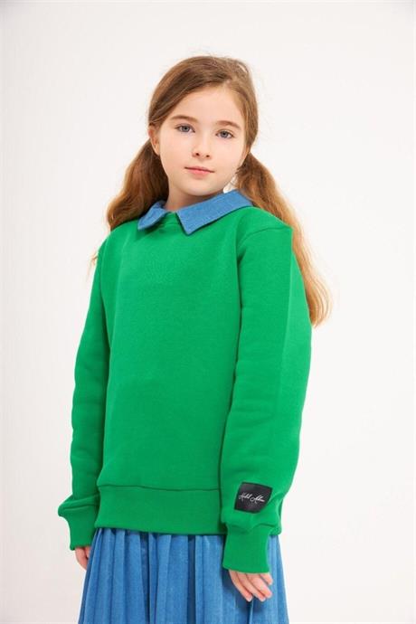 Kız Çocuk Kot Yakalı Şardonlu Sweatshirt Piliseli Kot Etek 2'li Takım