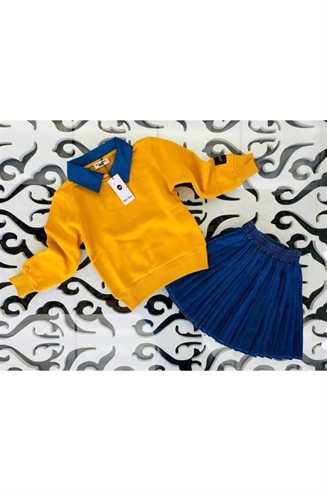 Kız Çocuk Kot Yakalı Şardonlu Sweatshirt Piliseli Kot Etek 2'li Takım Hardal 4 Yaş
