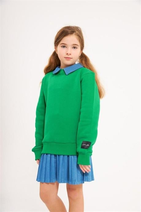Kız Çocuk Kot Yakalı Şardonlu Sweatshirt Piliseli Kot Etek 2'li Takım Yeşil 14 Yaş