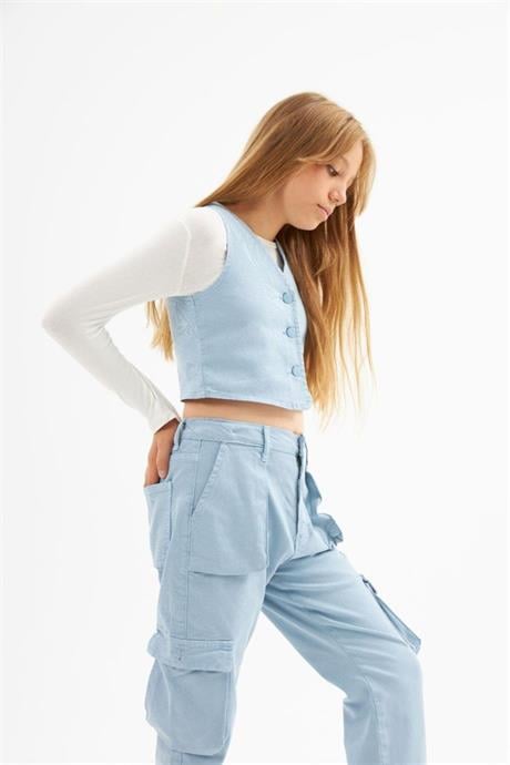 Kız Çocuk Kot Yelek Beyaz Body Kargo Cepli Pantolon 3'lü Takım Mavi 12 Yaş