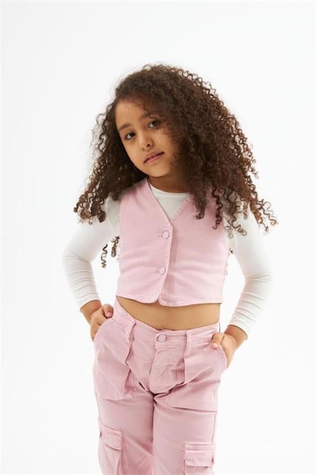 Kız Çocuk Kot Yelek Beyaz Body Kargo Cepli Pantolon 3'lü Takım Pembe 10 Yaş