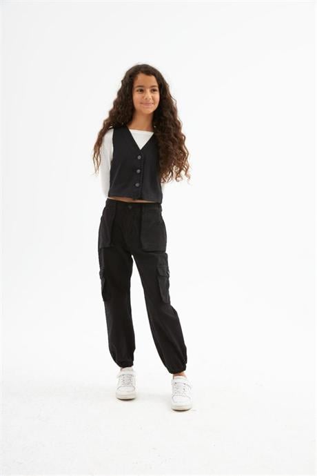 Kız Çocuk Kot Yelek Beyaz Body Kargo Cepli Pantolon 3'lü Takım Siyah 4 Yaş