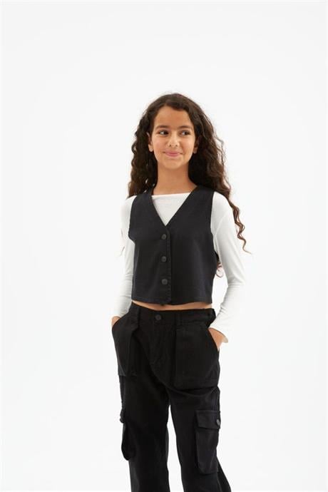 Kız Çocuk Kot Yelek Beyaz Body Kargo Cepli Pantolon 3'lü Takım Siyah 14 Yaş