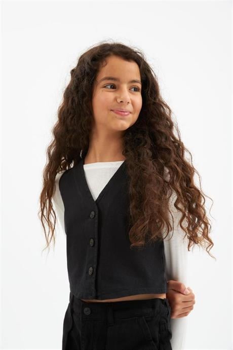 Kız Çocuk Kot Yelek Beyaz Body Kargo Cepli Pantolon 3'lü Takım Siyah 8 Yaş