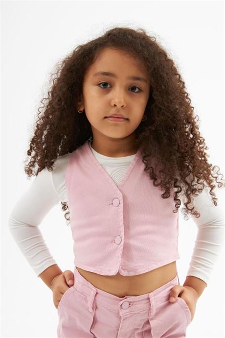 Kız Çocuk Kot Yelek Beyaz Body Kargo Cepli Pantolon 3'lü Takım Pembe 14 Yaş