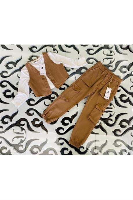 Kız Çocuk Kot Yelek Beyaz Body Kargo Cepli Pantolon 3'lü Takım Kahve 4 Yaş