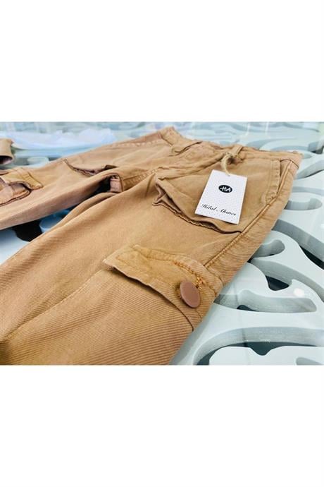 Kız Çocuk Kot Yelek Beyaz Body Kargo Cepli Pantolon 3'lü Takım Kahve 8 Yaş