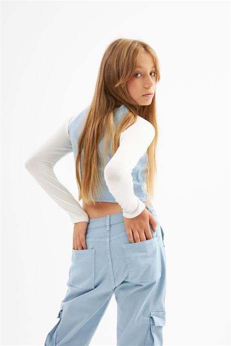 Kız Çocuk Kot Yelek Beyaz Body Kargo Cepli Pantolon 3'lü Takım Mavi 6 Yaş