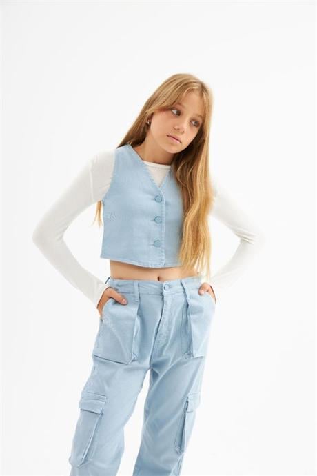 Kız Çocuk Kot Yelek Beyaz Body Kargo Cepli Pantolon 3'lü Takım Mavi 6 Yaş