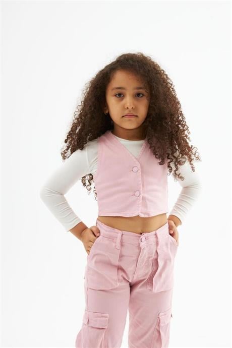 Kız Çocuk Kot Yelek Beyaz Body Kargo Cepli Pantolon 3'lü Takım Pembe 14 Yaş