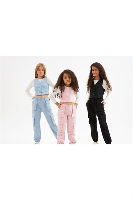 Kız Çocuk Kot Yelek Beyaz Body Kargo Cepli Pantolon 3'lü Takım Pembe 8 Yaş