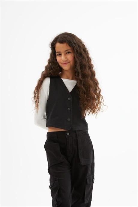 Kız Çocuk Kot Yelek Beyaz Body Kargo Cepli Pantolon 3'lü Takım Siyah 14 Yaş