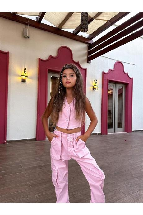 Kız Çocuk Kot Yelek Beyaz Body Kargo Cepli Pantolon 3'lü Takım Pembe 6 Yaş