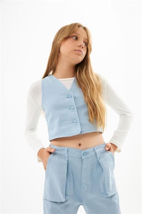 Kız Çocuk Kot Yelek Beyaz Body Kargo Cepli Pantolon 3'lü Takım Mavi 10 Yaş