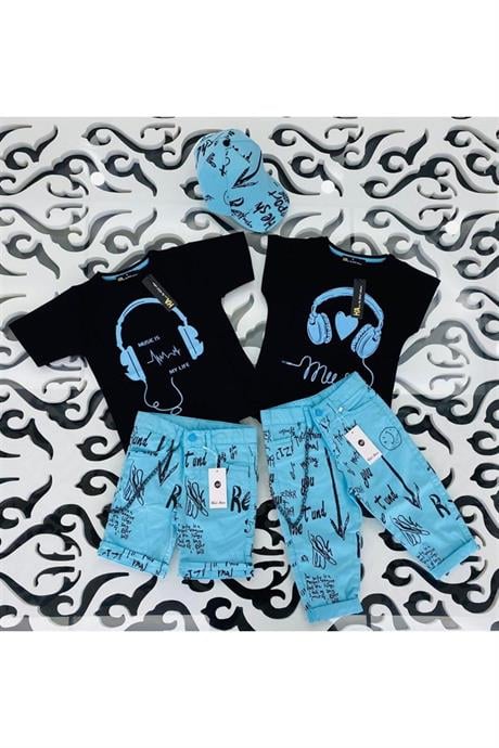 Kız Çocuk Kulaklık Baskılı Siyah Tişört Zincirli Yazılı Kot Kapri Şapkasız 2'li Takım Mavi 6 Yaş