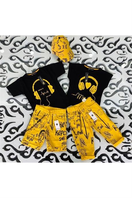 Kız Çocuk Kulaklık Baskılı Siyah Tişört Zincirli Yazılı Kot Kapri Şapkasız 2'li Takım Sarı 10 Yaş