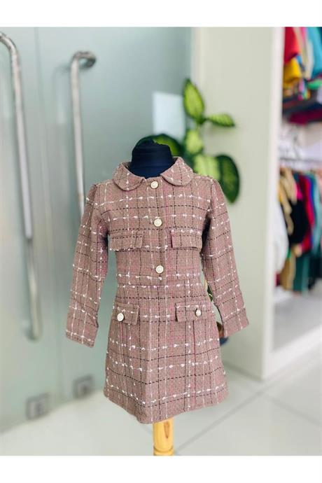 Kız Çocuk Kumaş Gold Düğmeli Crop Ceket Süs Cep Detaylı Etek 2'li Takım Açık Kahve 8 Yaş