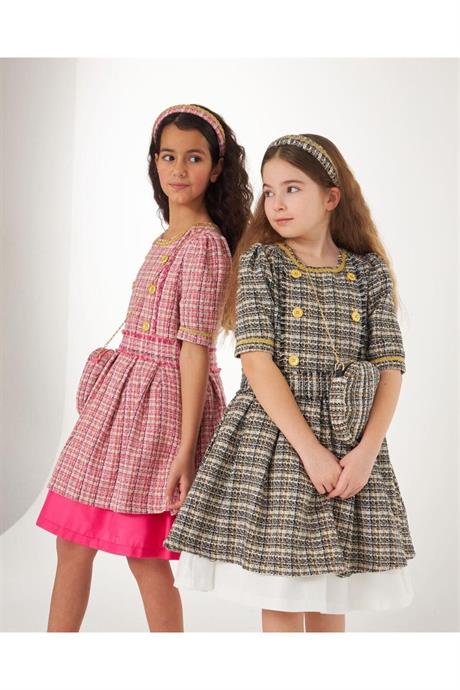 Kız Çocuk Kumaş Gold Düğmeli Etek Içi Astarlı Tütülü Elbise Çanta Saç Tacı 3'lü Takım Siyah 10 Yaş