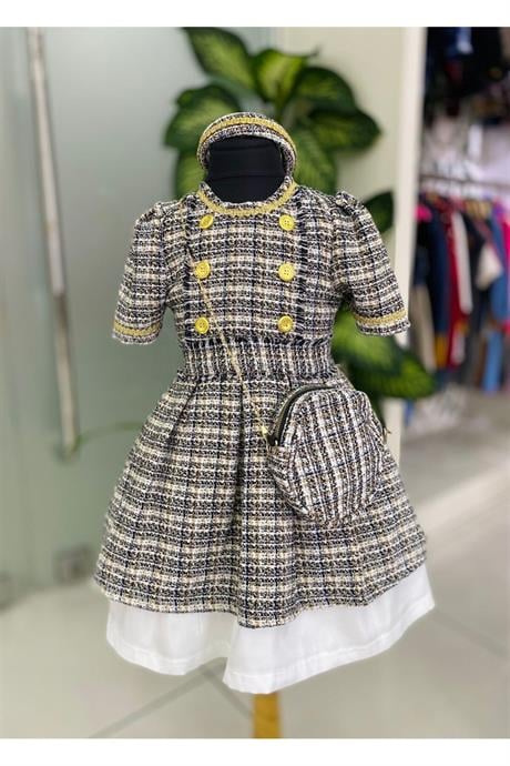 Kız Çocuk Kumaş Gold Düğmeli Etek Içi Astarlı Tütülü Elbise Çanta Saç Tacı 3'lü Takım Siyah 10 Yaş