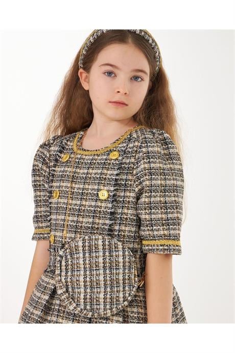 Kız Çocuk Kumaş Gold Düğmeli Etek Içi Astarlı Tütülü Elbise Çanta Saç Tacı 3'lü Takım Siyah 10 Yaş