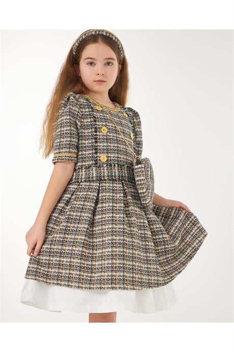 Kız Çocuk Kumaş Gold Düğmeli Etek Içi Astarlı Tütülü Elbise Çanta Saç Tacı 3'lü Takım Siyah 10 Yaş