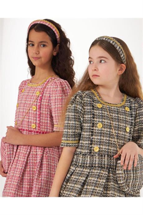 Kız Çocuk Kumaş Gold Düğmeli Etek Içi Astarlı Tütülü Elbise Çanta Saç Tacı 3'lü Takım Siyah 10 Yaş