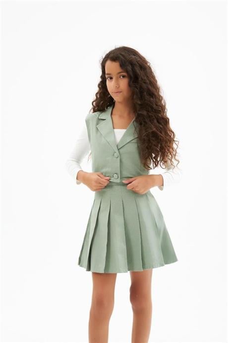 Kız Çocuk Kumaş Kaplama Düğme Detaylı Vatkalı Yelek Beyaz Badi Pileli Etek 3'lü Takım Yeşil 8 Yaş