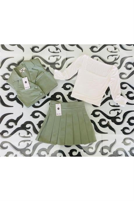 Kız Çocuk Kumaş Kaplama Düğme Detaylı Vatkalı Yelek Beyaz Badi Pileli Etek 3'lü Takım Yeşil 4 Yaş