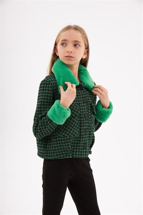 Kız Çocuk Kürk Yakalı Chanel Kumaş Crop Ceket Siyah Ispanyol Paça Tayt 2'li Takım Yeşil 10 Yaş
