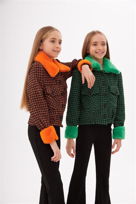 Kız Çocuk Kürk Yakalı Chanel Kumaş Crop Ceket Siyah Ispanyol Paça Tayt 2'li Takım Yeşil 14 Yaş