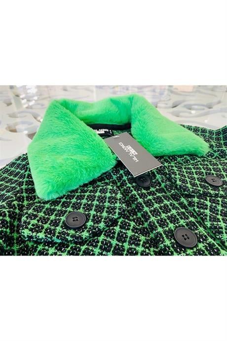 Kız Çocuk Kürk Yakalı Chanel Kumaş Crop Ceket Siyah Ispanyol Paça Tayt 2'li Takım Yeşil 12 Yaş