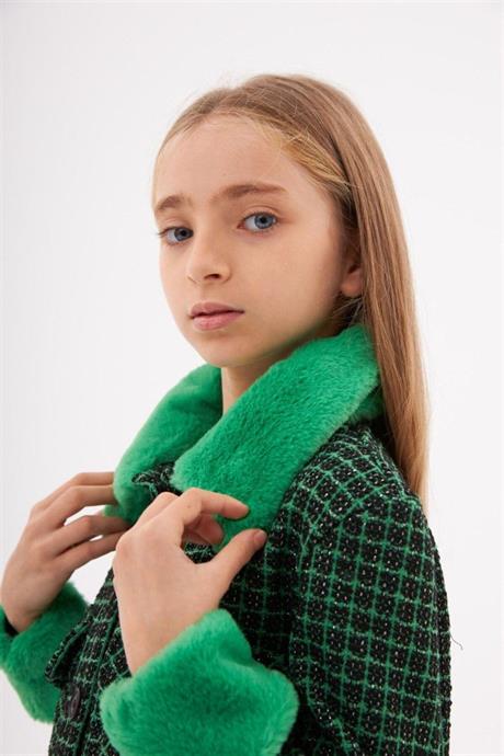 Kız Çocuk Kürk Yakalı Chanel Kumaş Crop Ceket Siyah Ispanyol Paça Tayt 2'li Takım