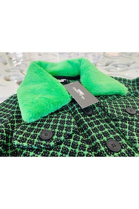 Kız Çocuk Kürk Yakalı Chanel Kumaş Crop Ceket Siyah Ispanyol Paça Tayt 2'li Takım Yeşil 6 Yaş
