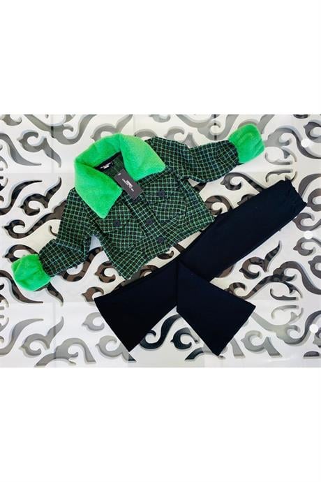 Kız Çocuk Kürk Yakalı Chanel Kumaş Crop Ceket Siyah Ispanyol Paça Tayt 2'li Takım Yeşil 10 Yaş