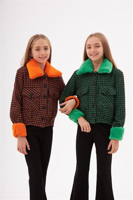 Kız Çocuk Kürk Yakalı Chanel Kumaş Crop Ceket Siyah Ispanyol Paça Tayt 2'li Takım Yeşil 8 Yaş