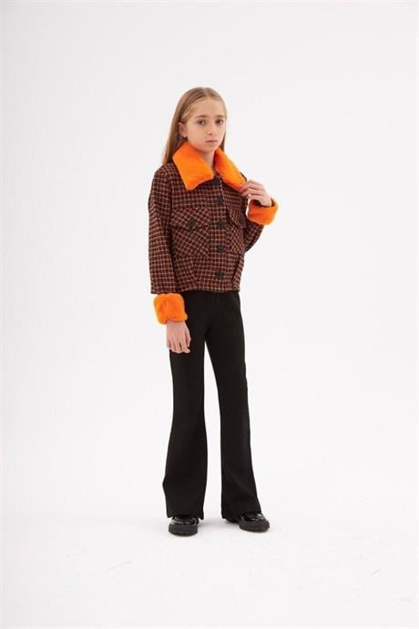 Kız Çocuk Kürk Yakalı Kumaş Crop Ceket Siyah Ispanyol Paça Tayt 2'li Takım Turuncu 8 Yaş