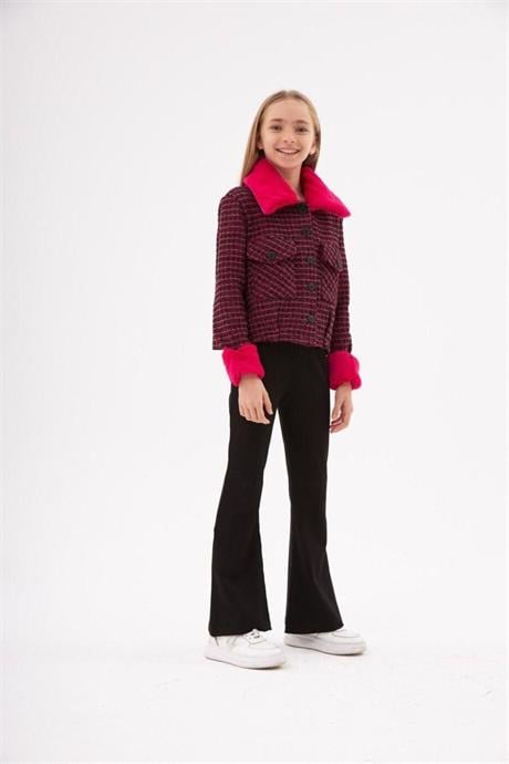 Kız Çocuk Kürk Yakalı Kumaş Crop Ceket Siyah Ispanyol Paça Tayt 2'li Takım Fuşya 14 Yaş